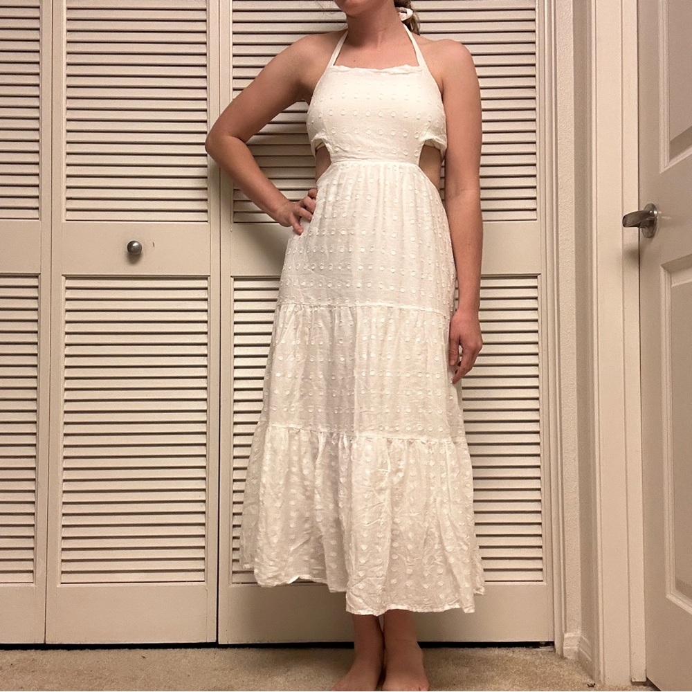 MINKPINK White Tieback Halter Midi Dress With Textured Dot Pattern